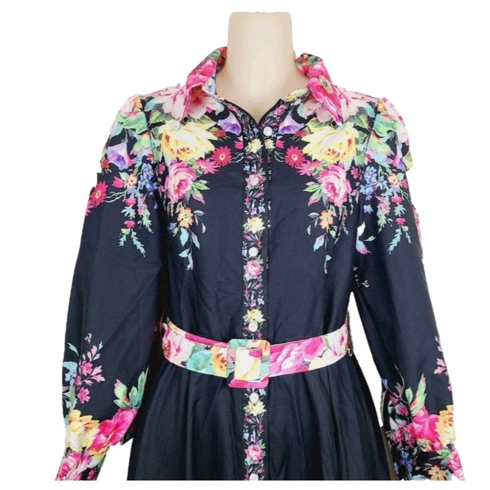 Nwt Dalia MacPhee Dress Large Black Pink Floral Button-Front  Long Sleeve Mi… - Picture 7 of 13